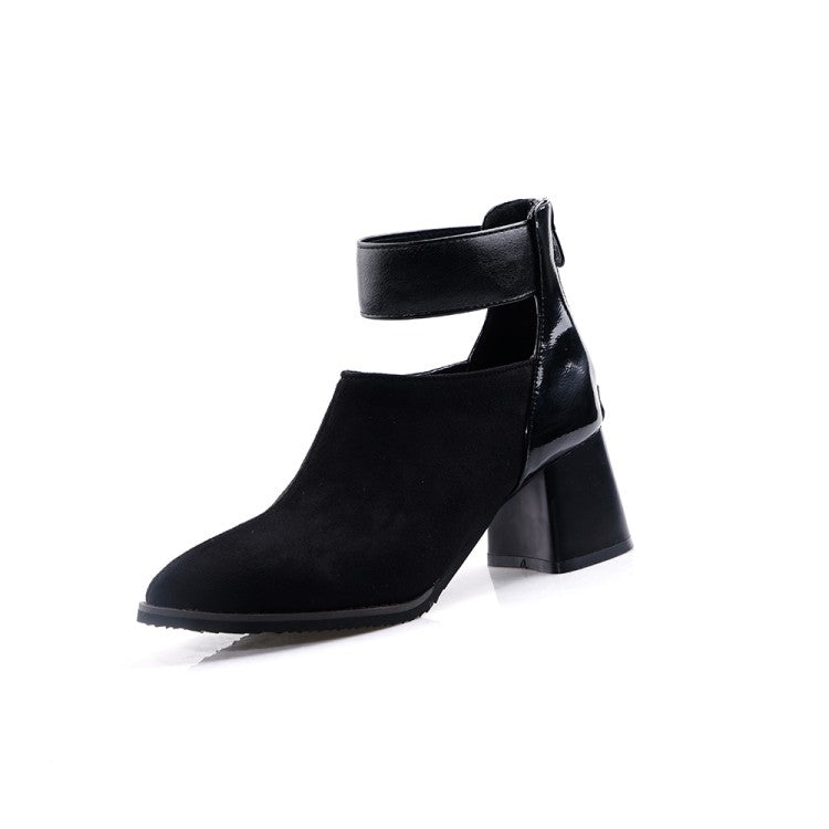 Woman Flock Patchwork Pointed Toe Block Heel Short Boots