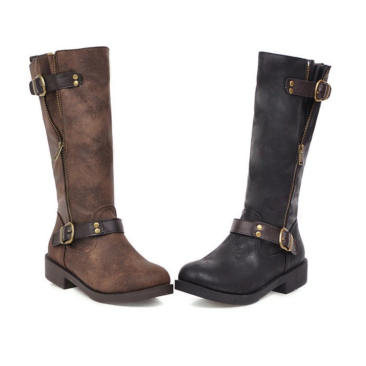 Women Buckle Belt Low Heels Knee High Boots