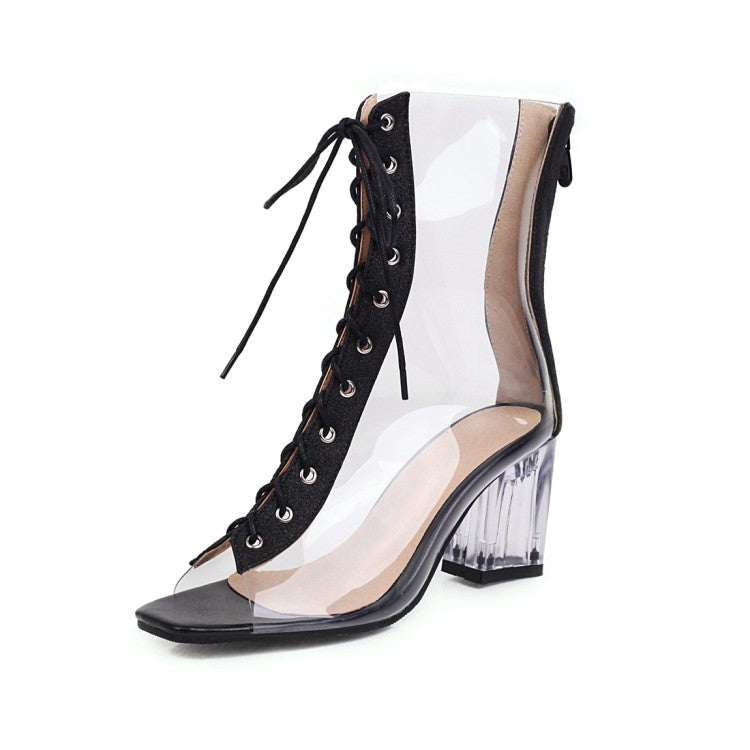 Woman Peep Toe Lace Up Transparent Crystal Chunky Heel Sandals