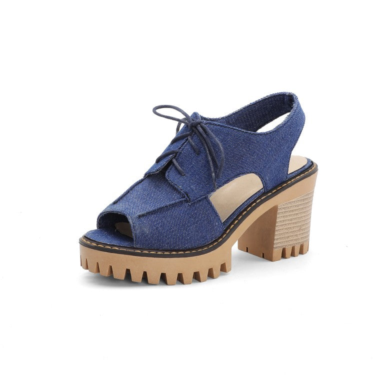 Woman Denim Hollow Out Chunky Heel Platform Sandals