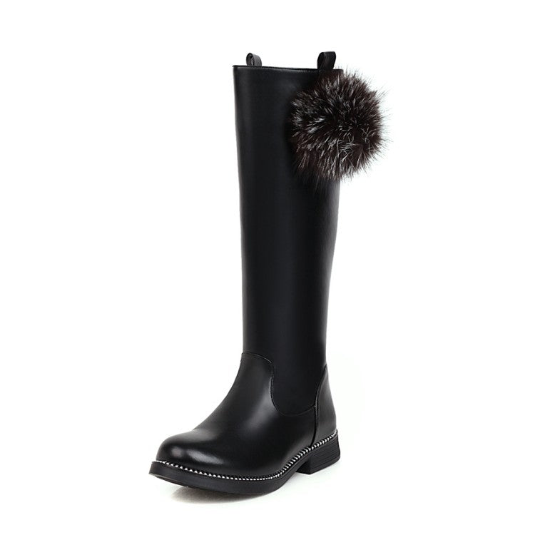 Women Hairball Low Heels Knee High Boots