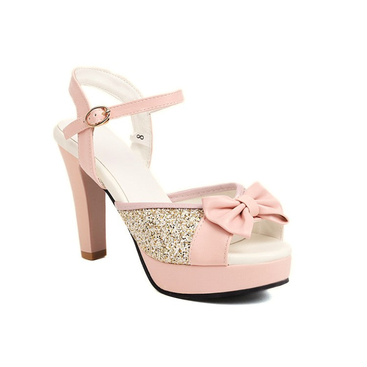 Woman Peep Toe Rhinestone Butterfly Knot High Heel Platform Sandals