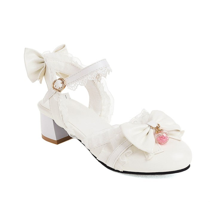 Women Lolita Closed Toe Lace Butterfly Knot Block Heel Sandals