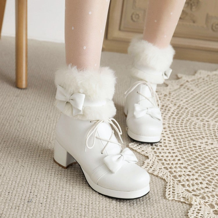 Women Bowtie Lace Up High Heel Short Snow Boots