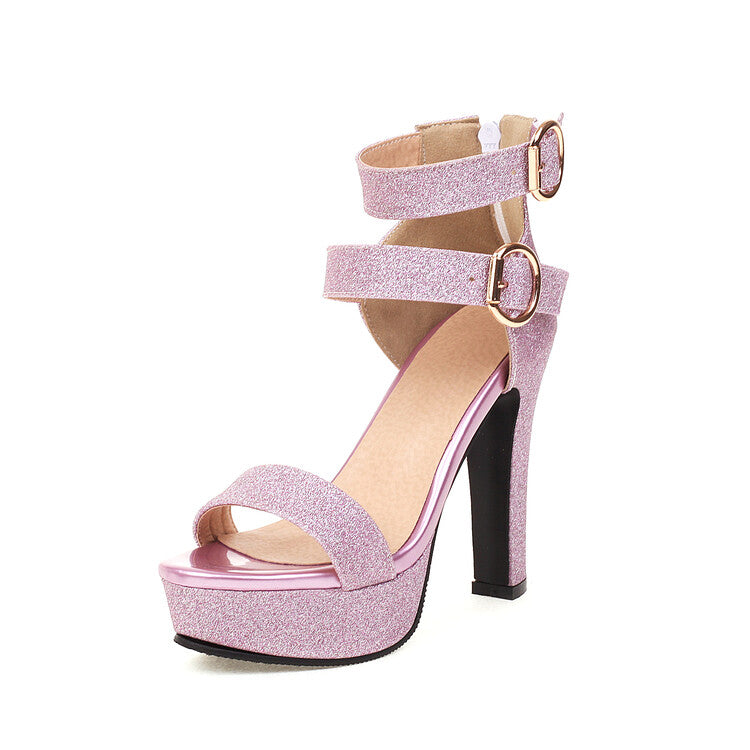 Women's Sparkling Round Toe Chunky Heel Double Ankle Strap Sandals