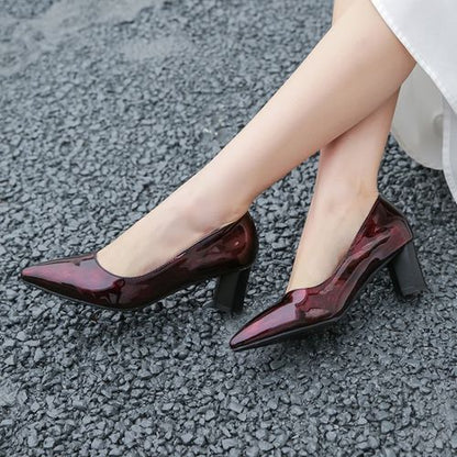Women Pointed Toe Patent Leather High Heel Chunky Pumps