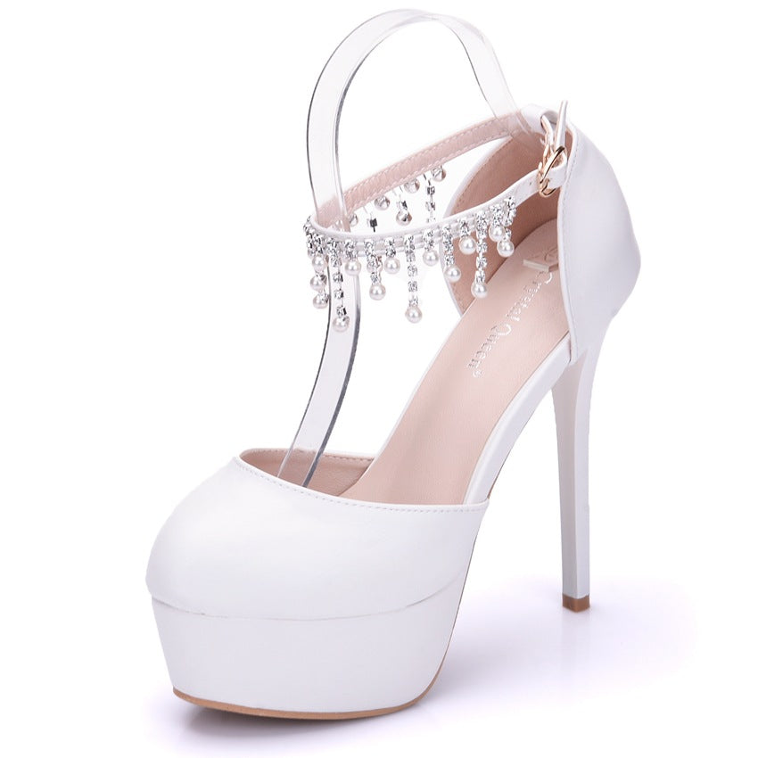 Women Rhinestone Beads Ankle Strap Bridal Wedding Stiletto Heel Platform Sandals