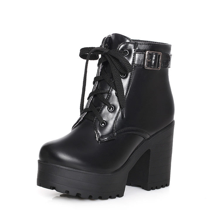Lace Up Buckle Chunky Heel Motorcycle Boots for Women 7883 – Shoeu