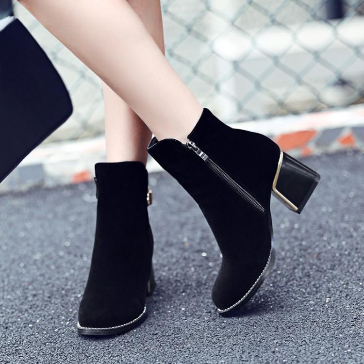 Black Ankle Boots with Zipper Buckle Low Heel Women Shoes – Shoeu