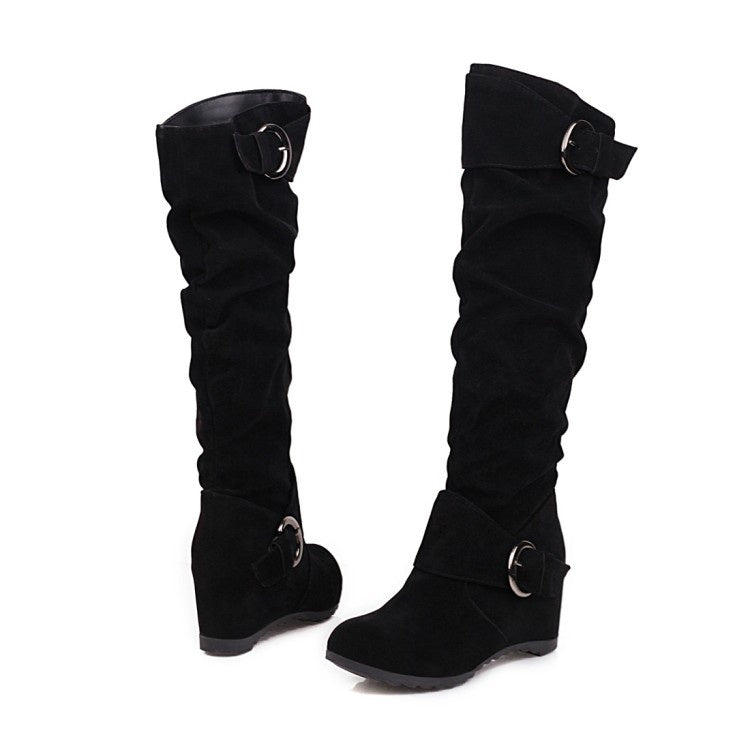 Buckle Belt Wedge Heeled Tall Boots Woman Shoes – Shoeu