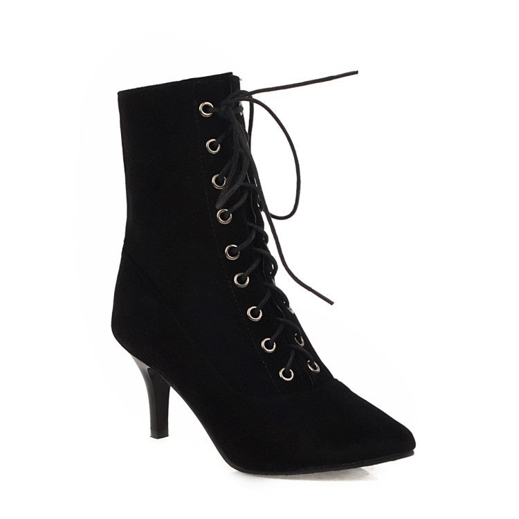 Pointed Toe Lace Up Women's High Heeled Ankle Boots – Shoeu