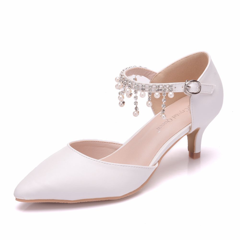 Women Pointed Toe Beads Mary Janes Middle Heel Wedding Sandals