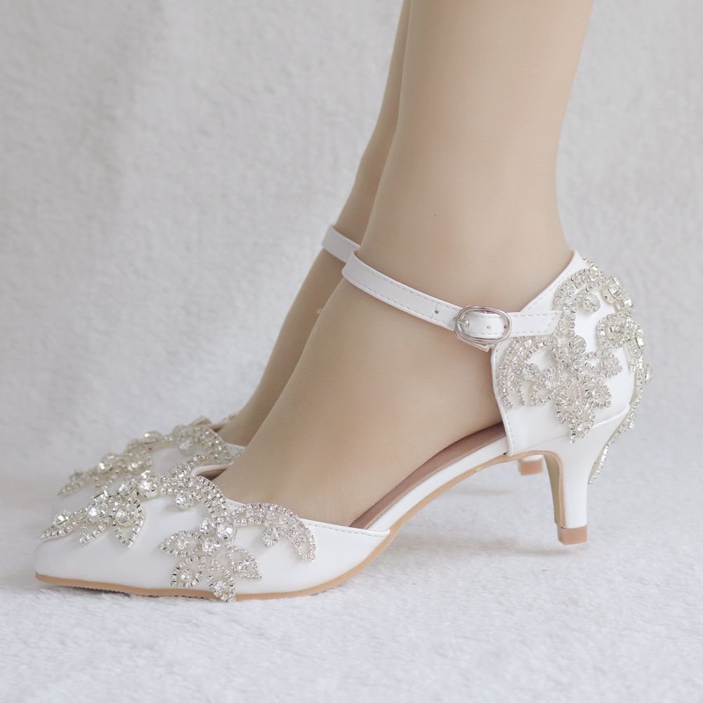 Women Rhinestone Middle Heel Pointed Toe Mary Janes Wedding Sandals