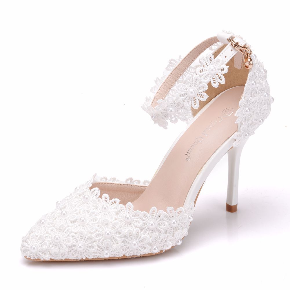 Women Lace Flora Ankle Strap Stiletto Heel Pointed Toe Bridal Wedding Shoes Sandals