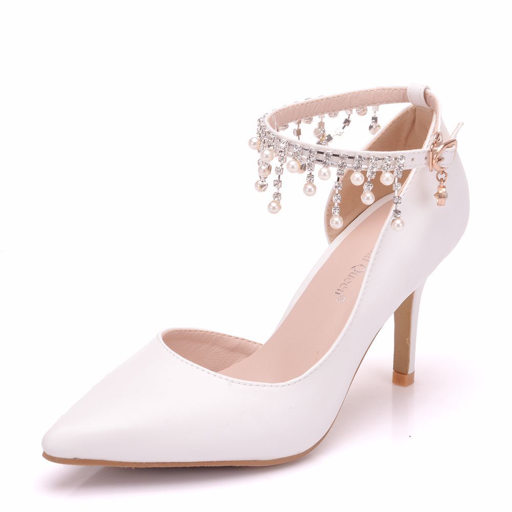 Women Rhinestone Beads Ankle Strap Bridal Wedding D'Orsay Stiletto Heels Sandals