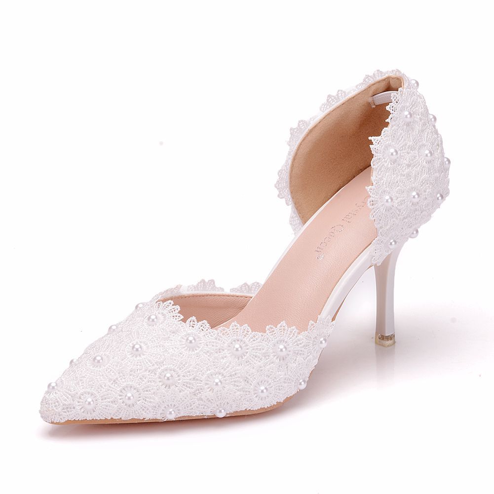 Women Pearl Lace Wedding Pointed Toe Stiletto Heel Sandals