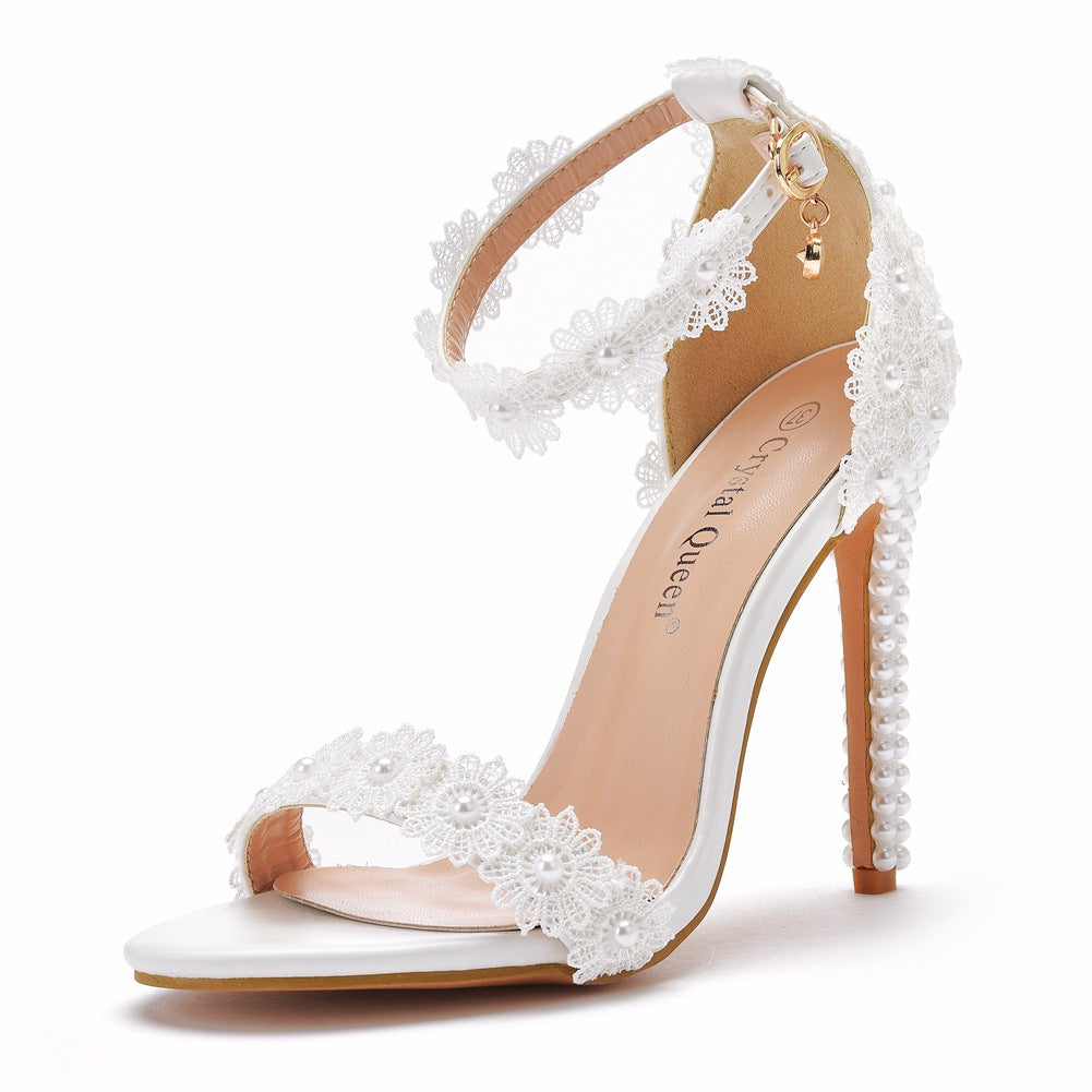 Women Pearls Lace Open Toe Stiletto Heel Bridal Wedding Shoes Sandals