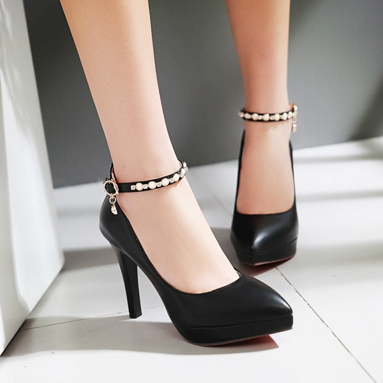 Pearl Ankle Straps Women Pumps High Heels Dress Shoes – Shoeu