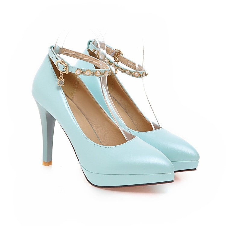 Pearl Ankle Straps Women Pumps High Heels Dress Shoes