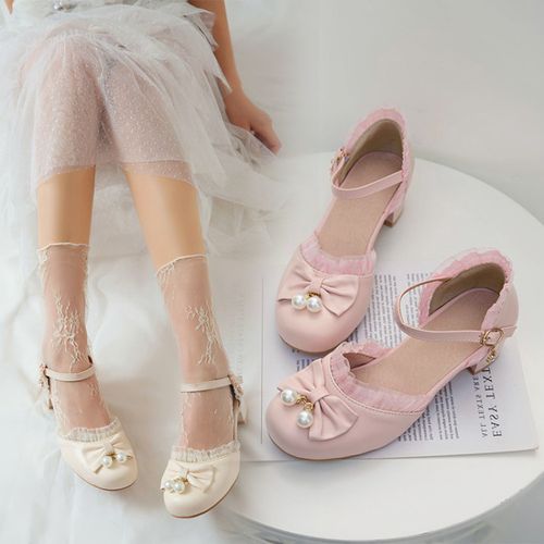 Women's Bow Pearl Mary Jane Mid Heels Sandals