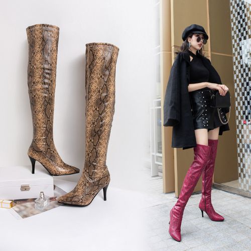 Women Pointed Toe Snake Pattern High Heel Tall Boots