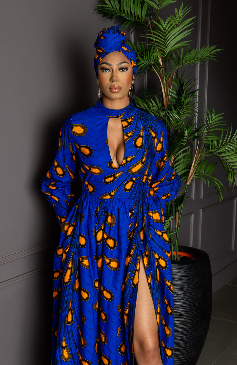 Blue Long Sleeve African Maxi Dress | African Party Dress - ELLA – LAVIYE
