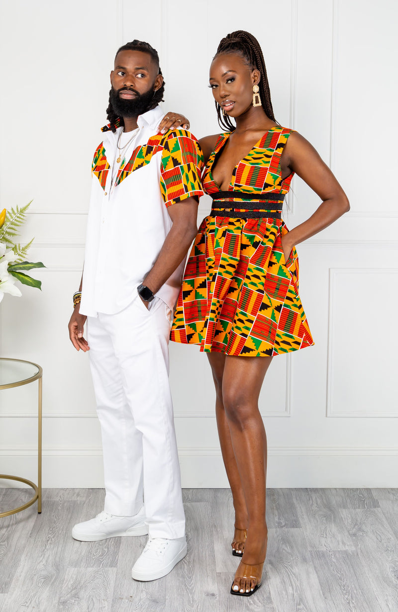 Traditional Kente African Print Plunge Neckline Mini Dress Kenya Laviye