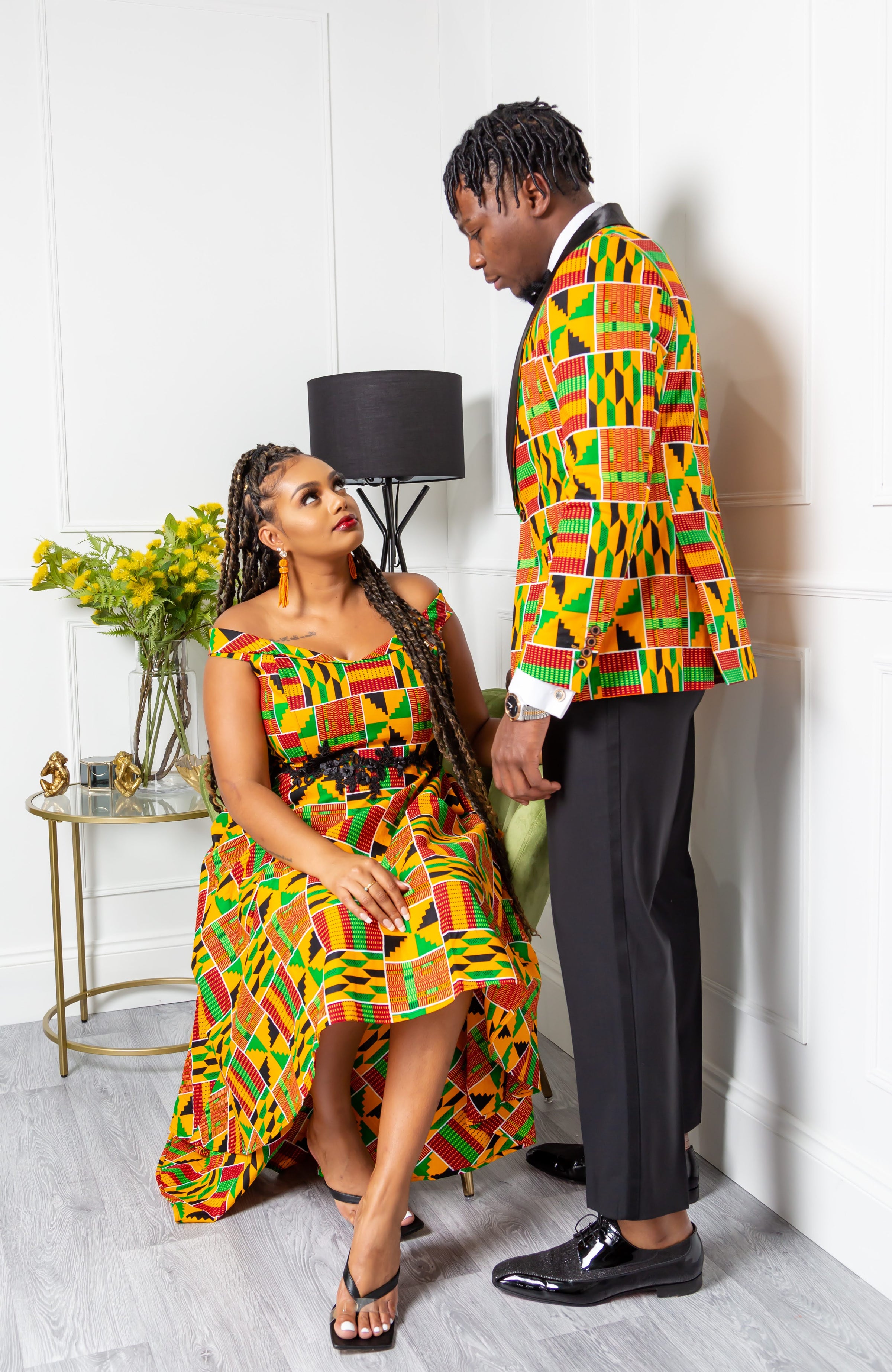 Kente African Print High Low Off Shoulder Dress Embroider Waistband L Aviye