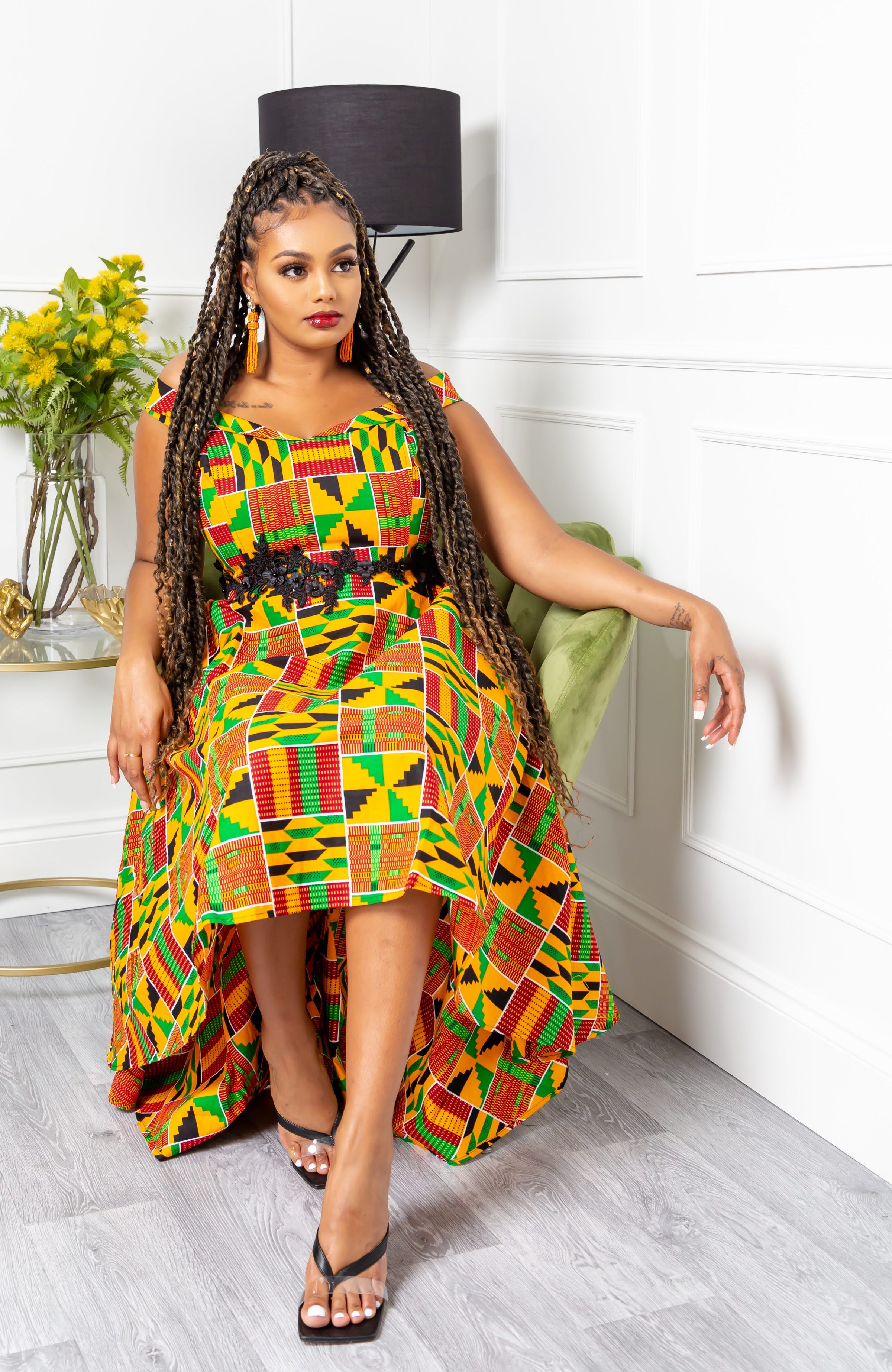 Kente African Print High Low Off Shoulder Dress Embroider Waistband L Aviye