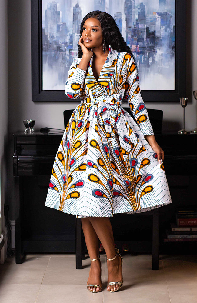 african print fit and flare dresses