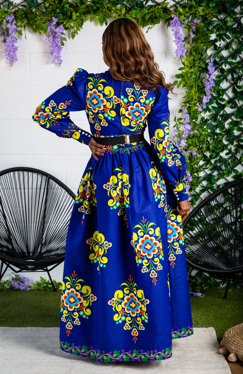 Blue Floral African Print Pussybow Ankara Maxi Dress - FRANCA – L'AVIYE