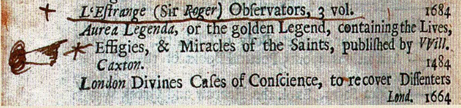 Marks in the marains of the Blickling copv of an early guide to rare books by the bookseller John Hartley-1669