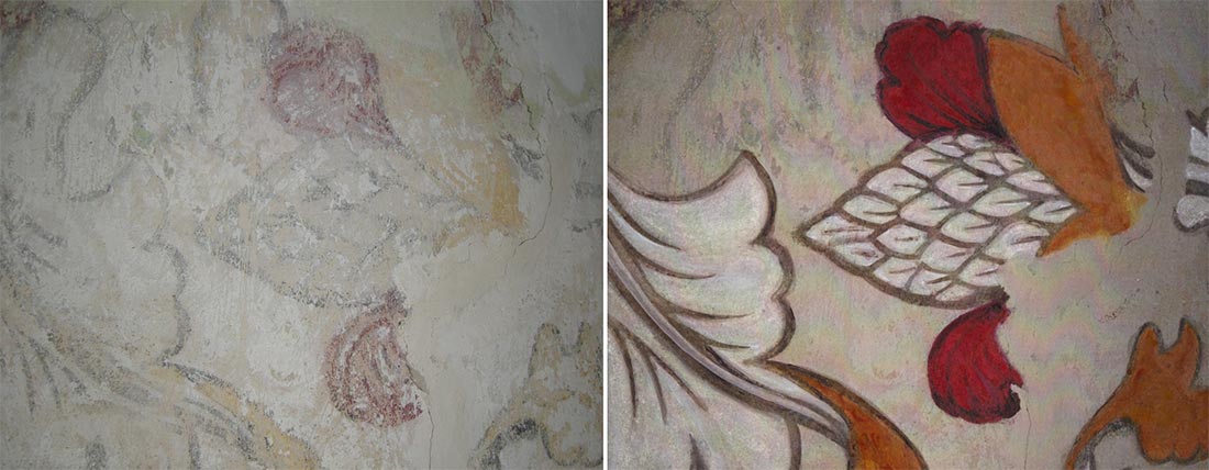 The Artichoke wall painting, original and enhanced version at Ellys Manor House