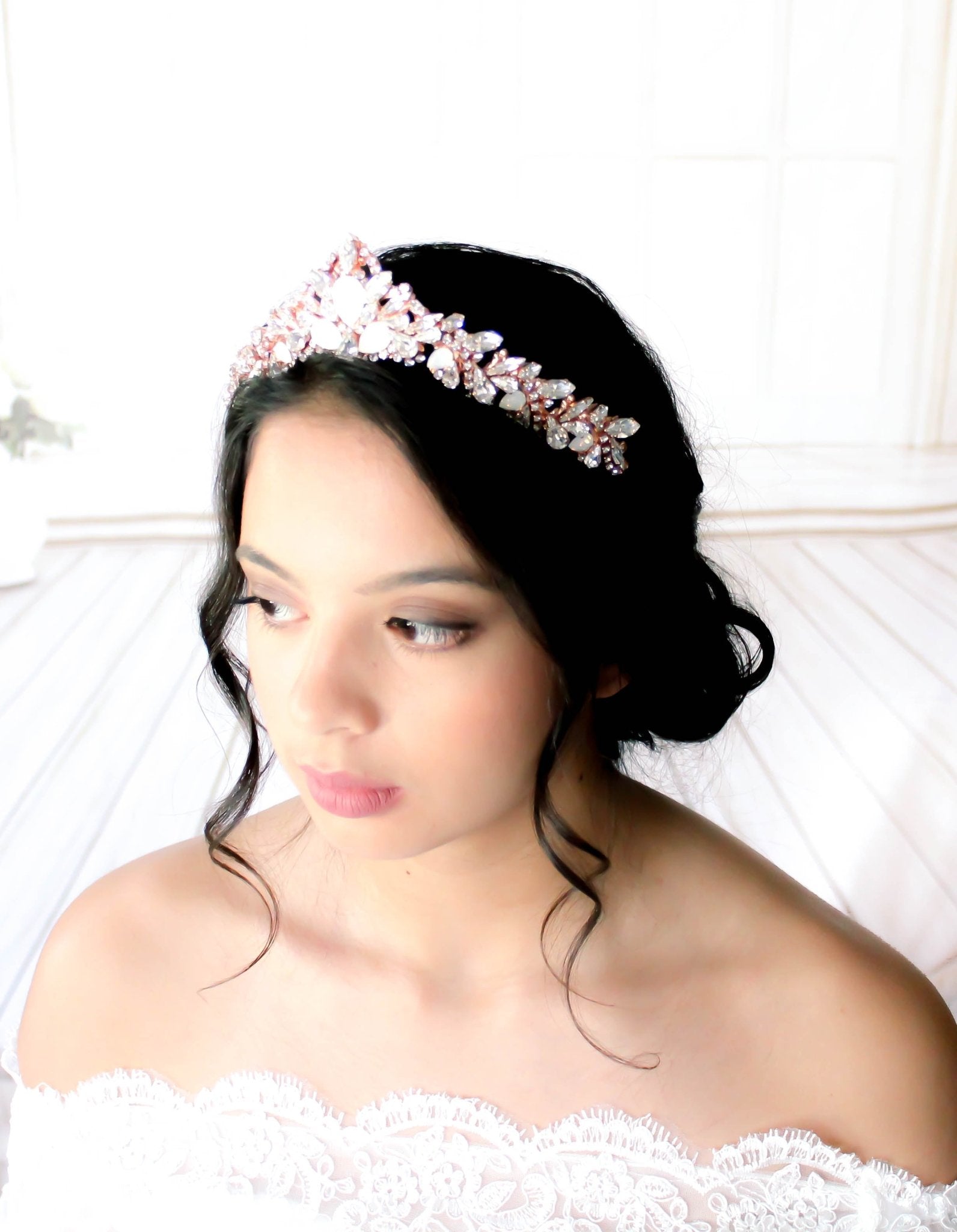 Rose Gold Bridal Tiara With White Opal Crystals Cassandra Treasures By Agnes 4311