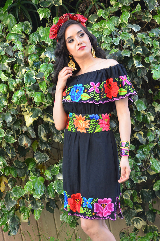 mexican black dress with flowers