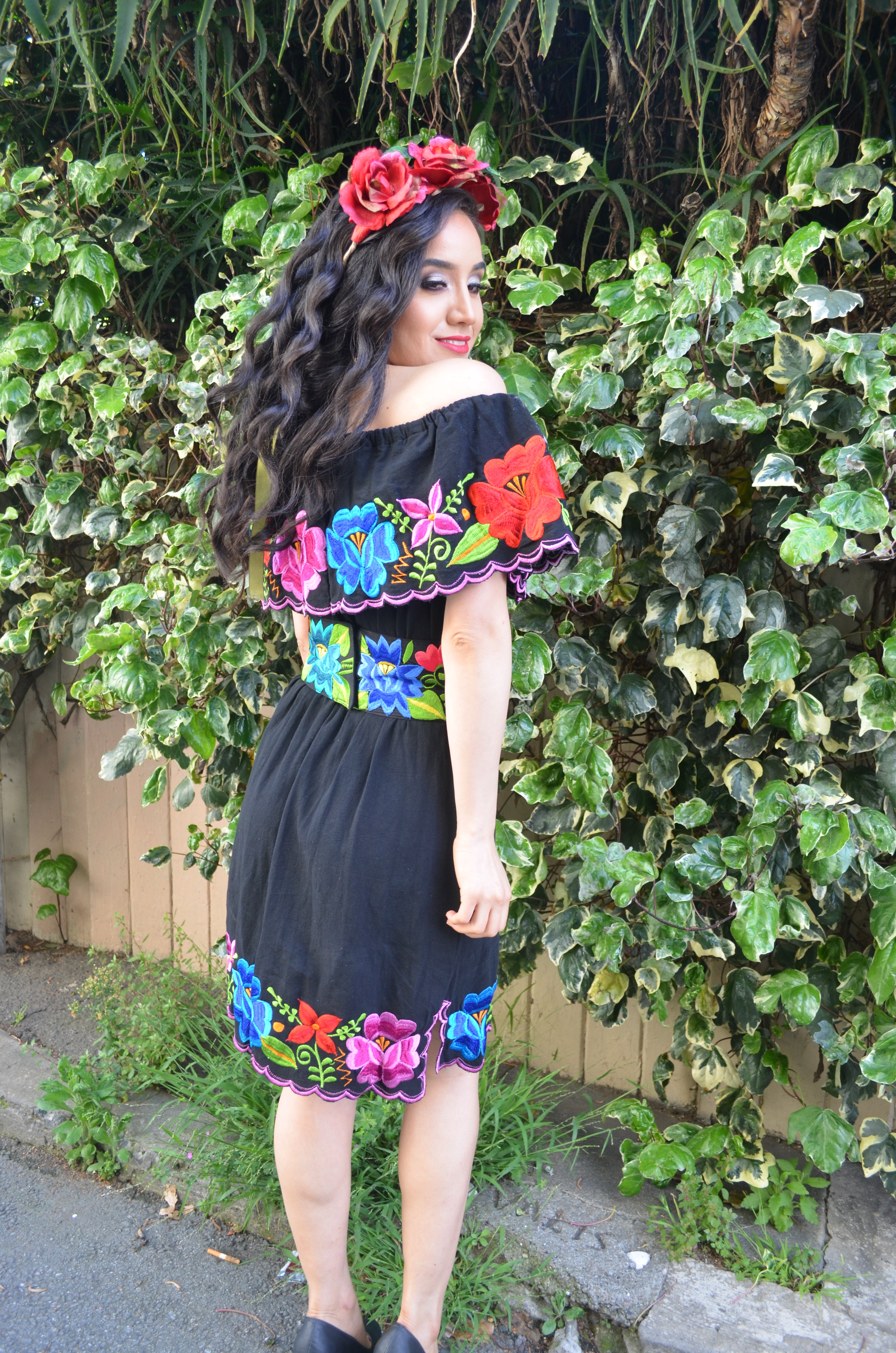 mexican black dress with flowers