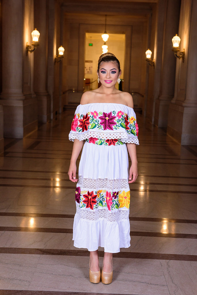 white embroidered mexican dress