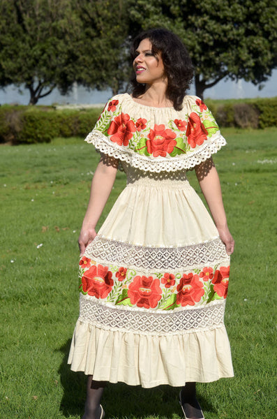 Multicolor Embroidered Off Shoulders Mexican Dress Beige - Gloria Vidal