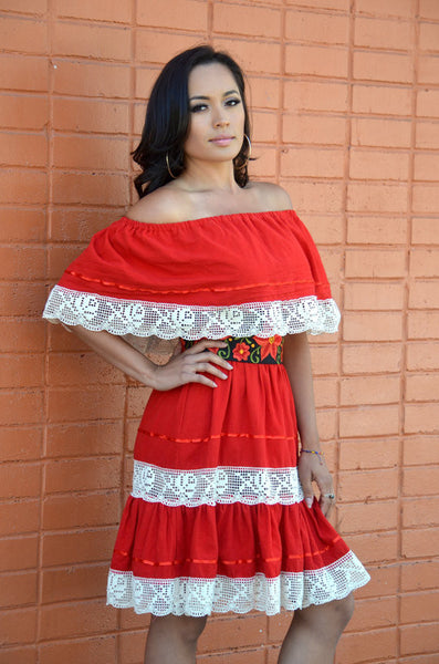 Gorgeous Red Mexican Off Shoulder Mini Dress Crochet Lace Trim - Gloria ...