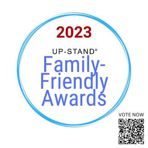 Blue circle with the words "2023, UP-STAND, and Family-Friendly Awards" inside