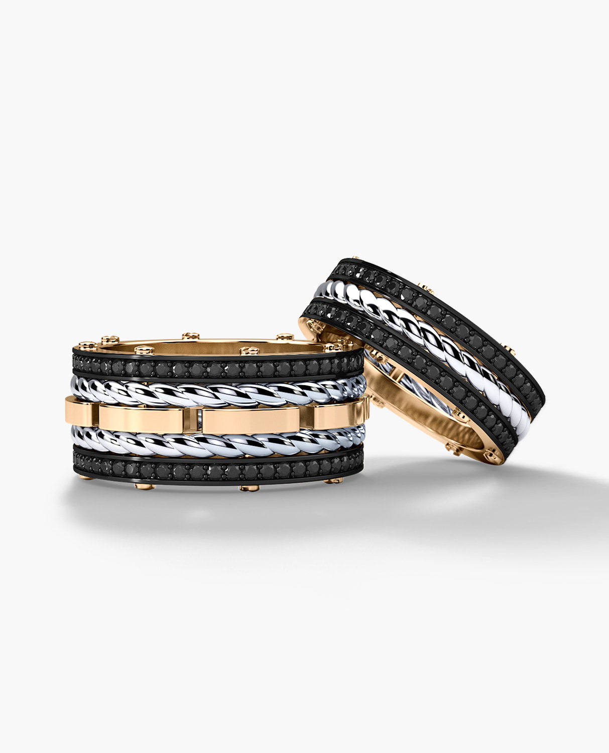 ROPES Two-Tone Gold Matching Black Diamond Wedding Band Set