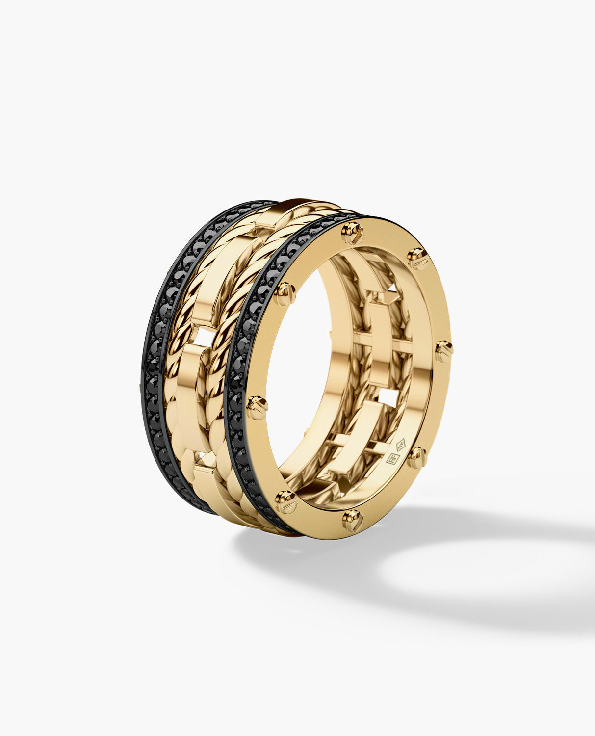 ROPES Mens Gold Wedding Band with Black Diamonds