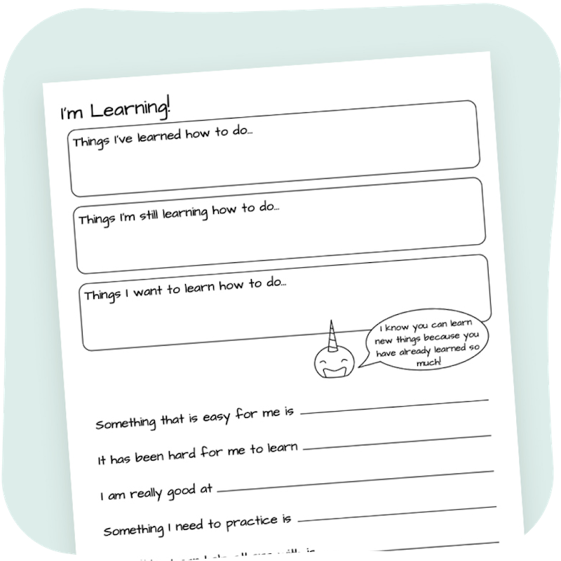 An example of a Growth Mindset worksheet with various questions and activities