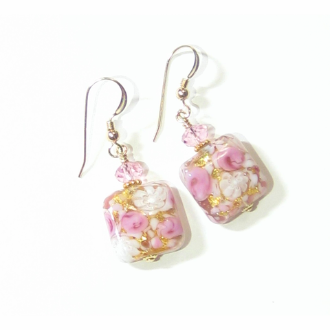 Murano Glass Pink Roses Millefiori Square Gold Earrings – JKC Murano