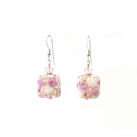Murano Glass Pink Roses Millefiori Square Gold Earrings – JKC Murano