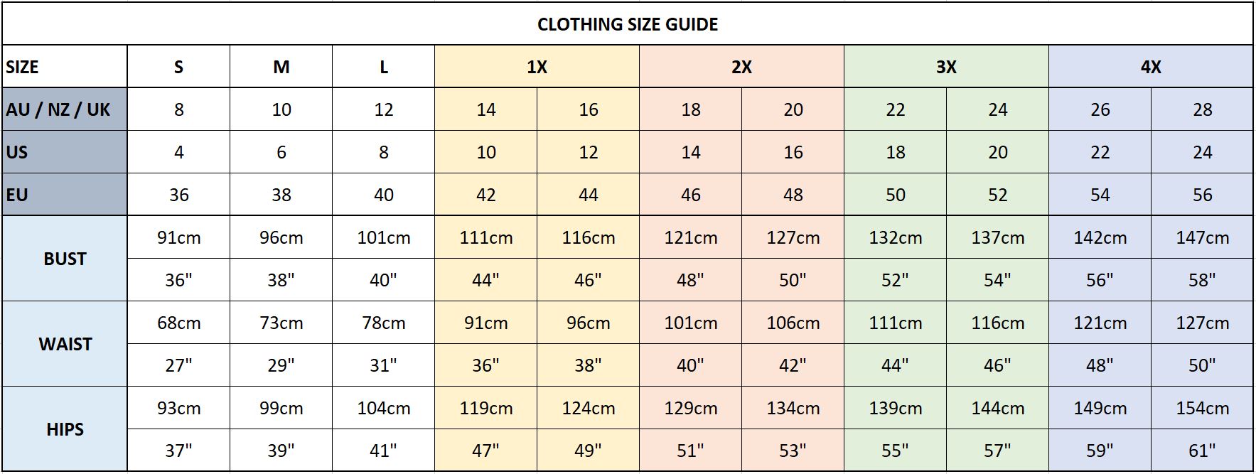 Daring Diva Clothing Size Guide