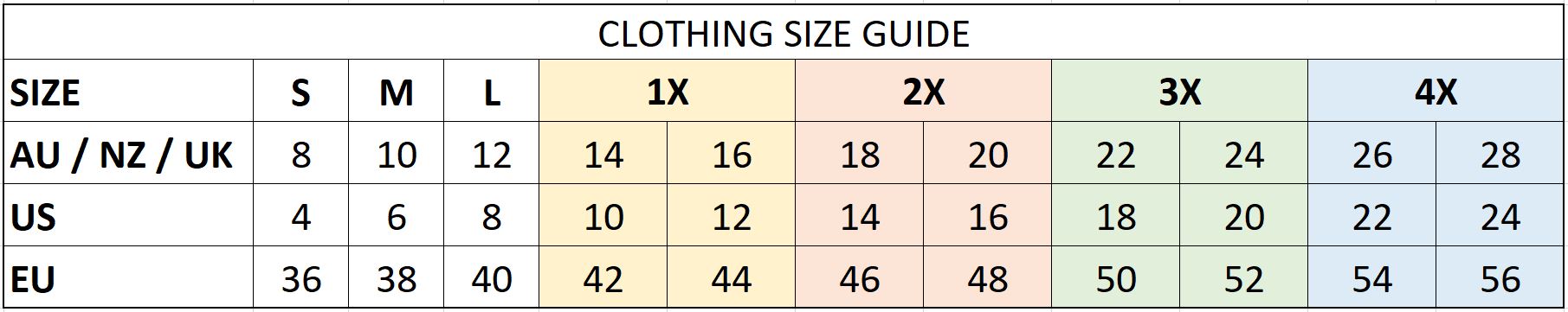 Daring Diva Clothing Size Guide