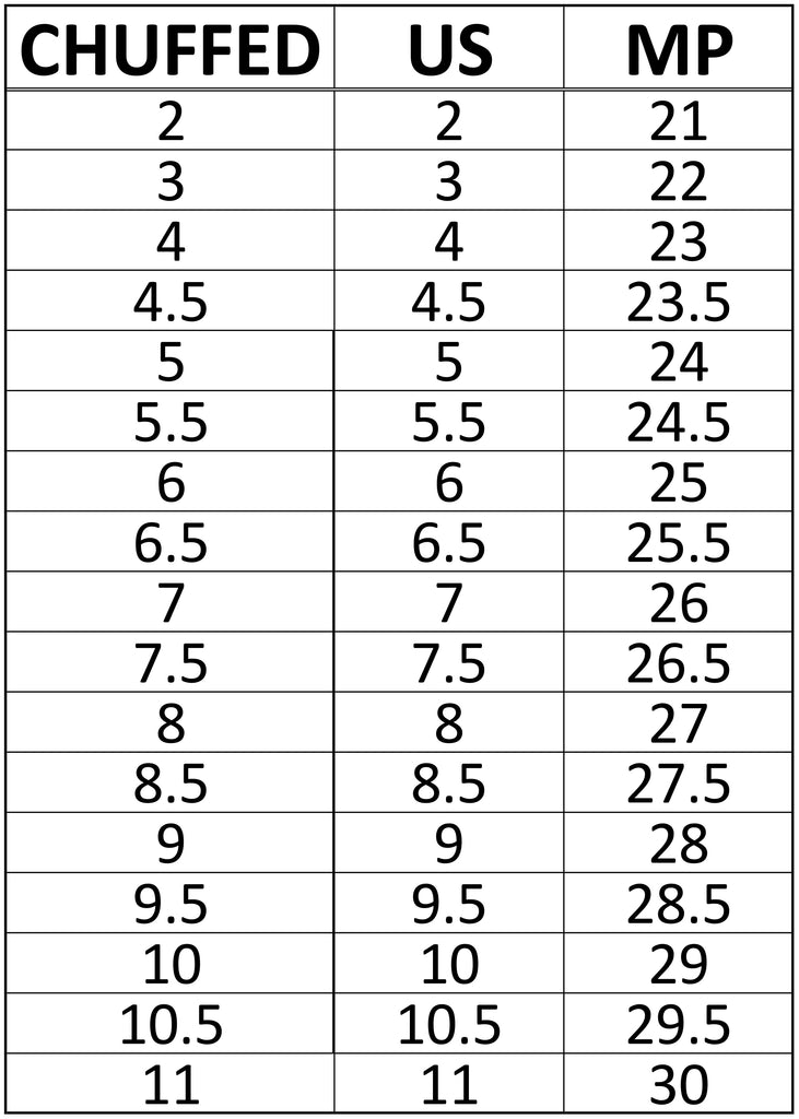 Chuffed Size Chart | Bayside Blades