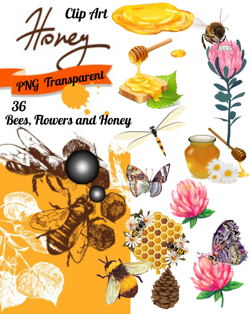 Download 36 Assorted Honey Bees and Flowers Graphic Images Clip Art ...