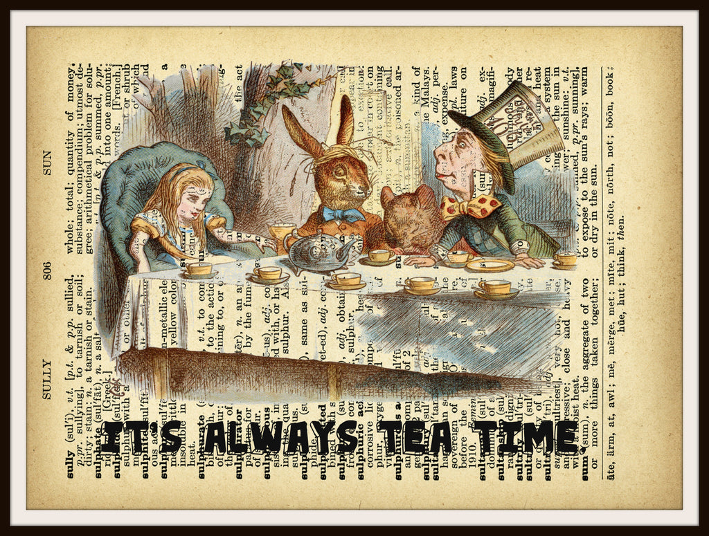 Alice In Wonderland Tea Party Vintage Art Print On Ephemera Dictionary Paper Rose Cottage